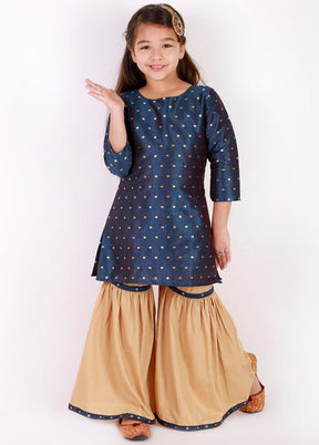 Navy Blue And Gold Zari Buta Self Design Kurta With Sharara - Indian Silk House Agencies