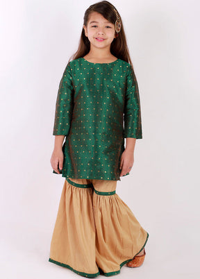 Green And Gold Zari Buta Self Design Kurta With Sharara - Indian Silk House Agencies