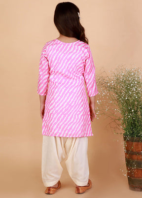 White And Pink Cotton Printed Leharia And Sequins Kurta And Patiala Pant Set - Indian Silk House Agencies