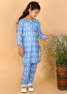 Blue Cotton Linen Ikkat Cultural Kurta And Straight Pant Set - Indian Silk House Agencies