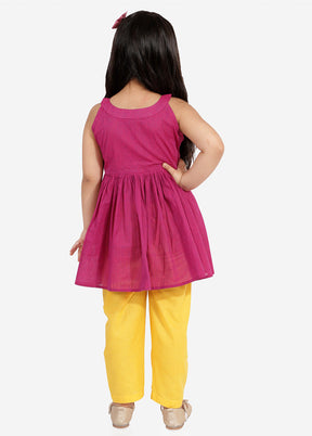 Pink And Yellow Pure Handloom Cotton Fabric Short Kurta With Straight Pants - Indian Silk House Agencies