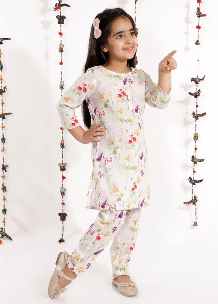 Cream Cotton Linen Printed Floral Kurta And Straight Pant Set - Indian Silk House Agencies