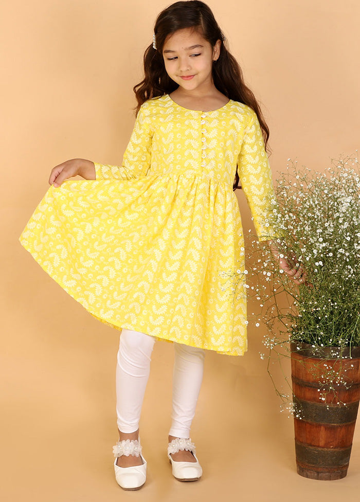 Yellow Pure Cotton Lukhnowi Chikankari Anarkali Kurta With Cotton Leggings - Indian Silk House Agencies