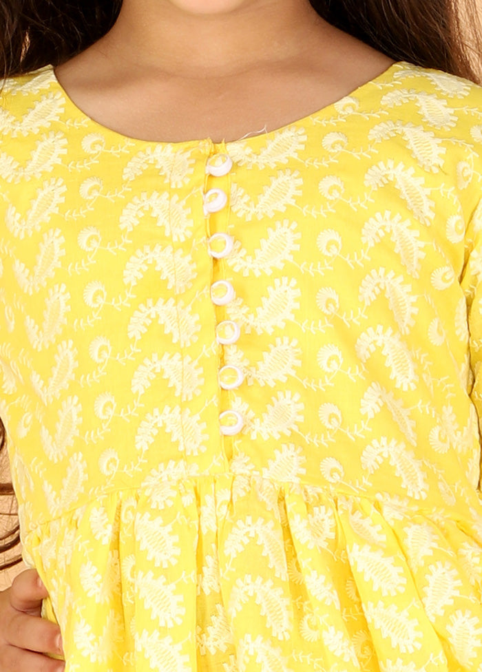 Yellow Pure Cotton Lukhnowi Chikankari Anarkali Kurta With Cotton Leggings - Indian Silk House Agencies