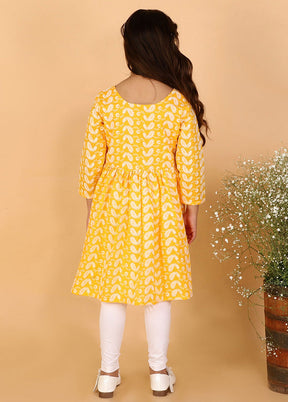 Yellow Pure Cotton Lukhnowi Chikankari Anarkali Kurta With Cotton Leggings - Indian Silk House Agencies