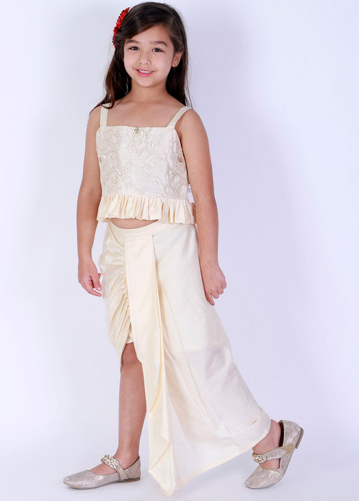 Cream Embroidered Silk Crop Top With Draped Skirt - Indian Silk House Agencies