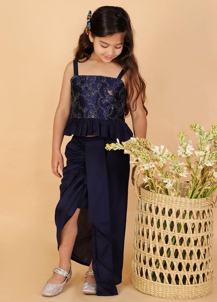 Navy Blue Embroidered Silk Crop Top With Draped Skirt - Indian Silk House Agencies