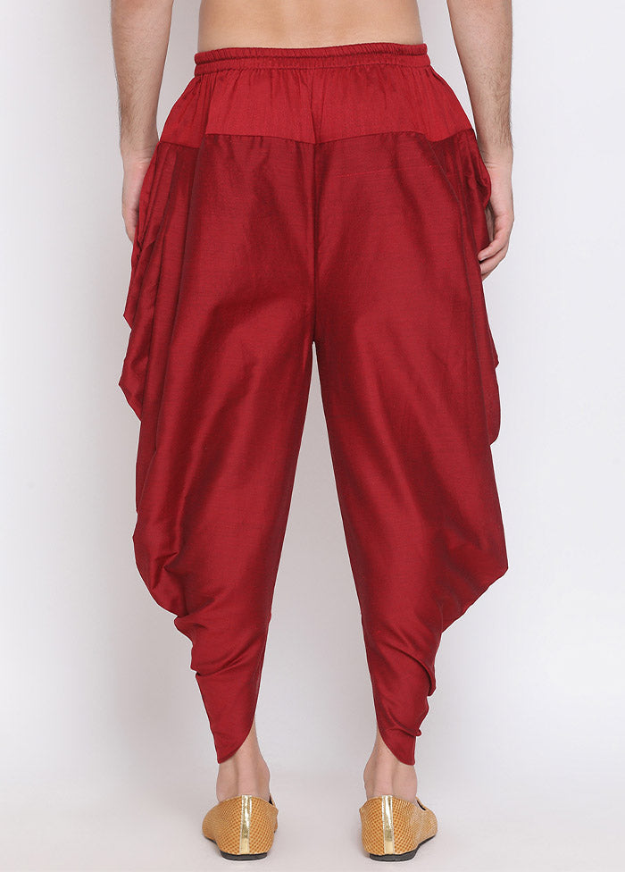 Maroon Dupion Silk Solid Dhoti - Indian Silk House Agencies