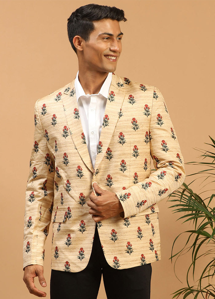 Light Brown Dupion Silk Printed Blazer VDVAS30062293 - Indian Silk House Agencies