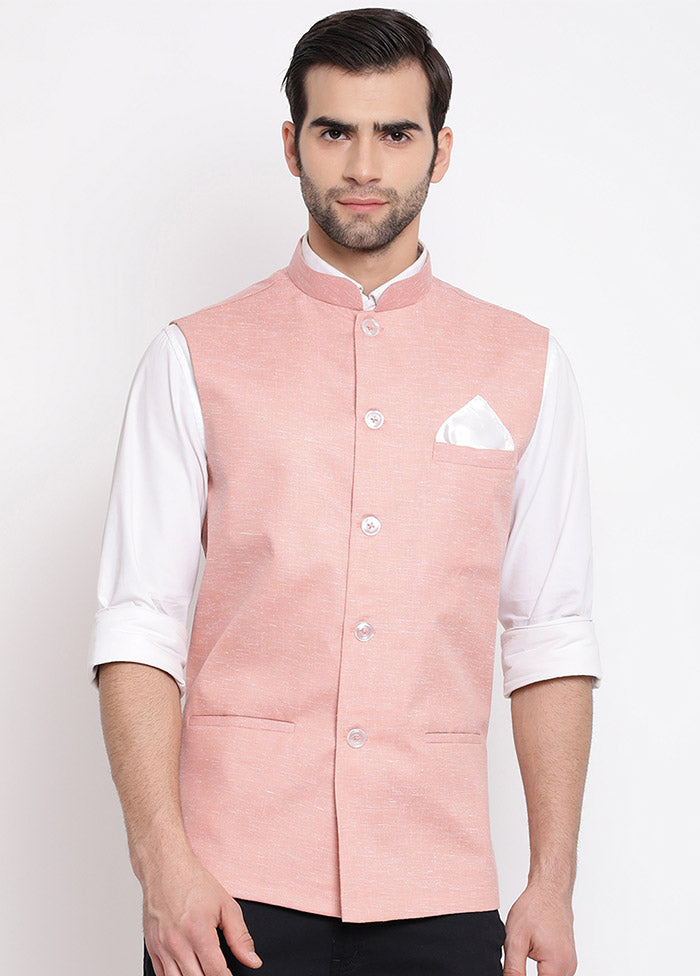 Peach Cotton Solid Nehru Jacket VDVAS30062550 - Indian Silk House Agencies