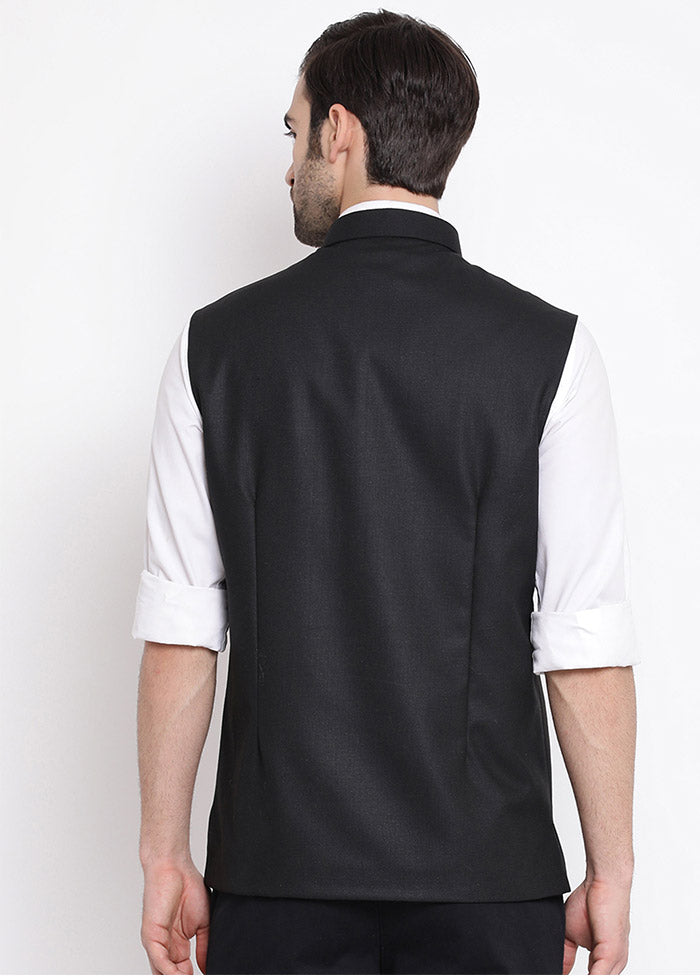 Black Cotton Solid Nehru Jacket VDVAS30062557 - Indian Silk House Agencies