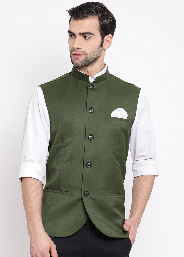 Green Cotton Solid Nehru Jacket VDVAS30062556 - Indian Silk House Agencies