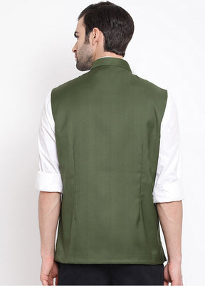 Green Cotton Solid Nehru Jacket VDVAS30062556 - Indian Silk House Agencies