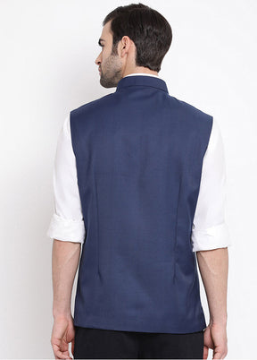 Navy Blue Cotton Solid Nehru Jacket VDVAS30062552 - Indian Silk House Agencies