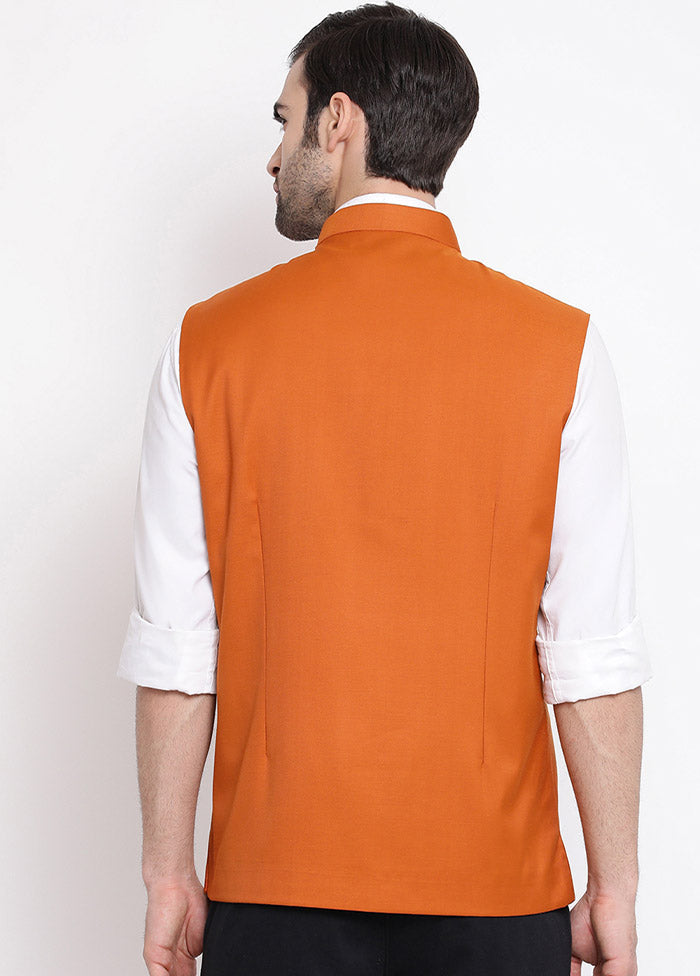 Orange Cotton Solid Nehru Jacket VDVAS30062554 - Indian Silk House Agencies