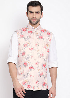 Peach Dupion Silk Printed Nehru Jacket VDVAS30062560 - Indian Silk House Agencies