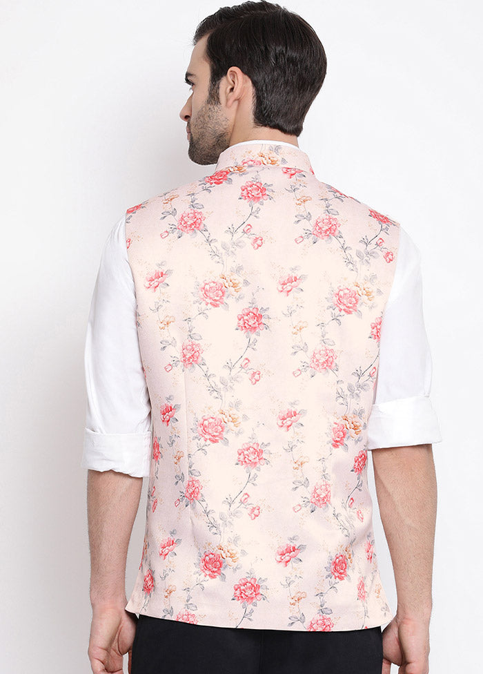 Peach Dupion Silk Printed Nehru Jacket VDVAS30062560 - Indian Silk House Agencies