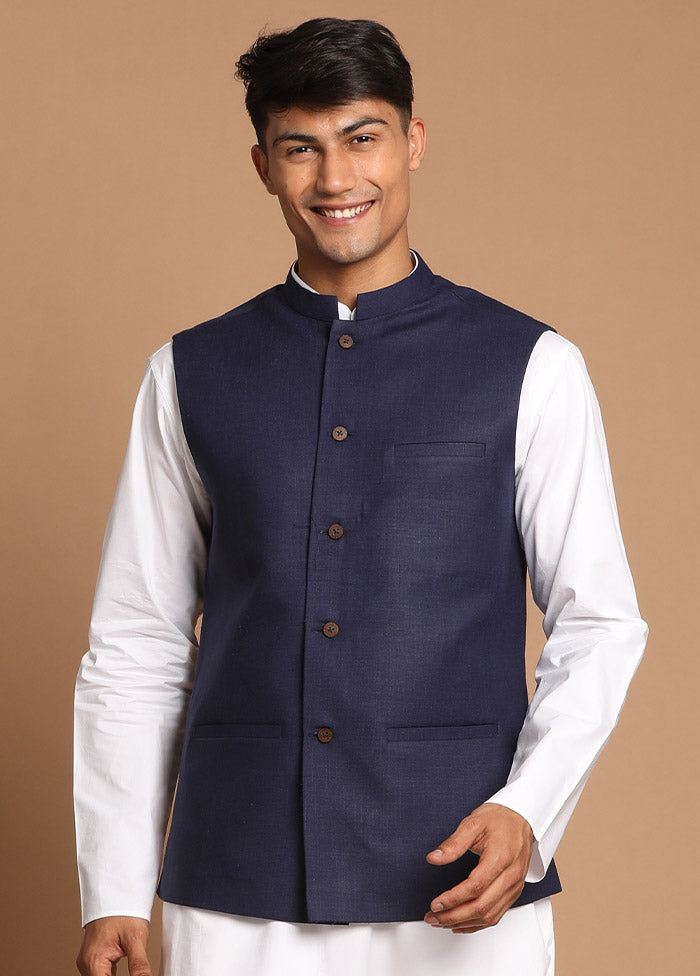 Blue Cotton Solid Nehru Jacket VDVAS30062569 - Indian Silk House Agencies