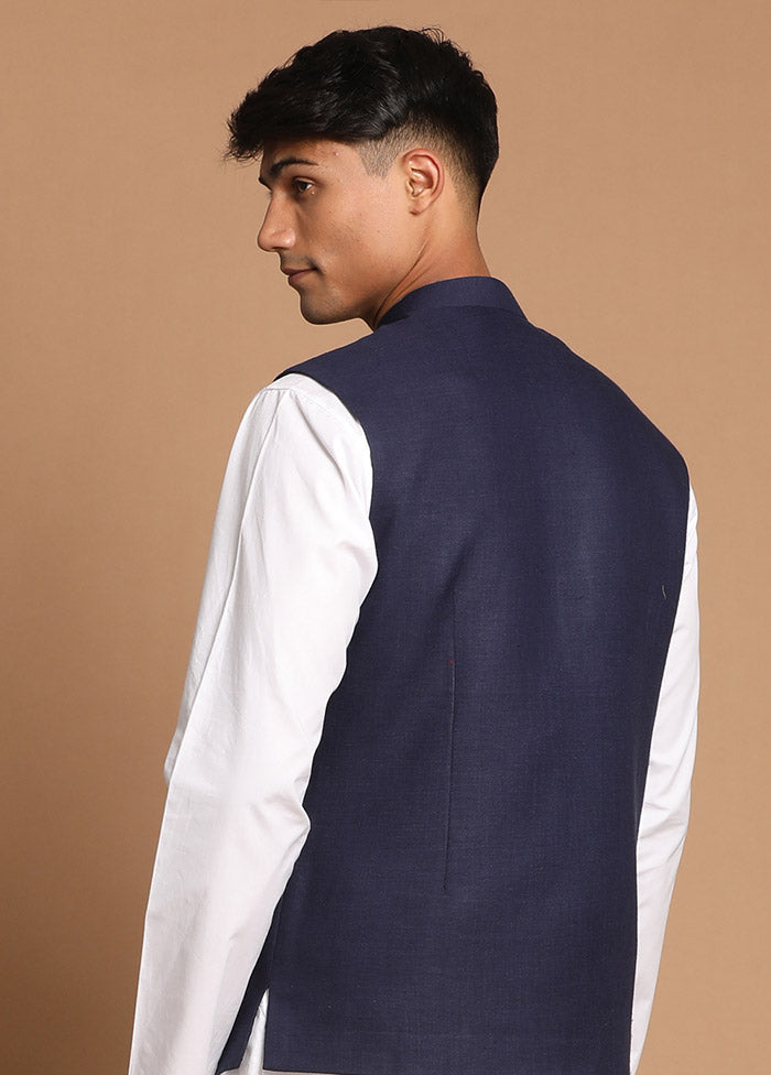 Blue Cotton Solid Nehru Jacket VDVAS30062569 - Indian Silk House Agencies