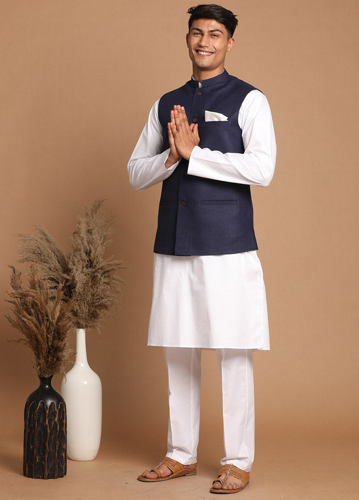 Blue Cotton Solid Nehru Jacket VDVAS30062569 - Indian Silk House Agencies