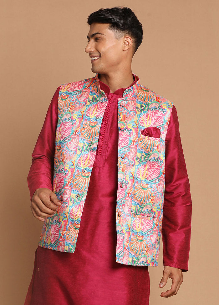 Sky Blue Dupion Silk Printed Nehru Jacket VDVAS30062576 - Indian Silk House Agencies