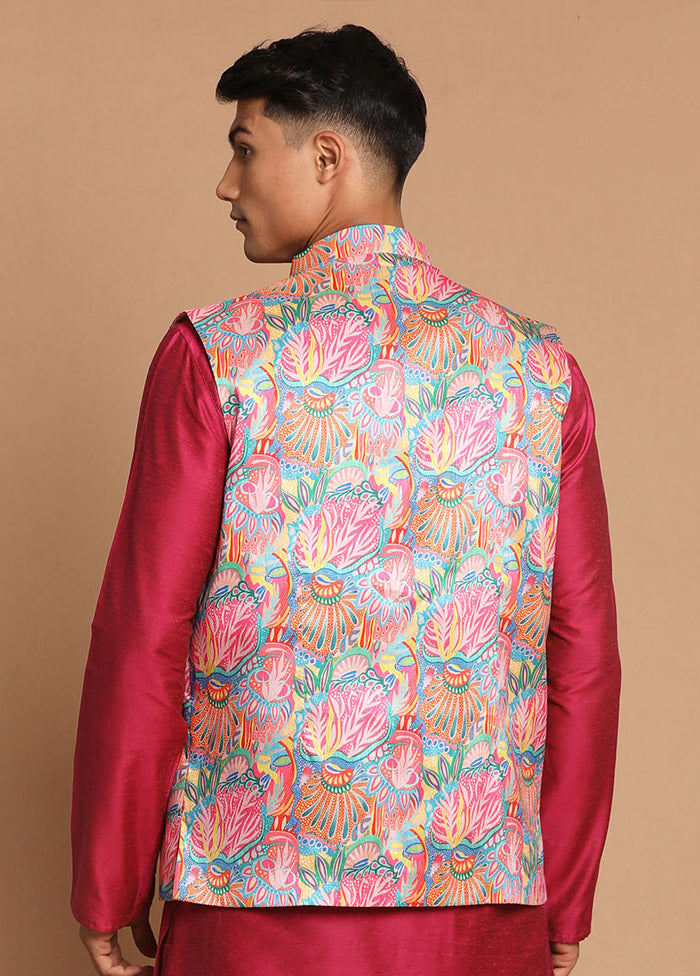 Sky Blue Dupion Silk Printed Nehru Jacket VDVAS30062576 - Indian Silk House Agencies