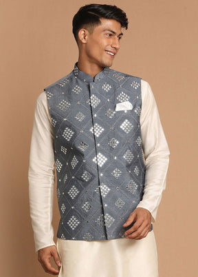 Grey Dupion Silk Printed Nehru Jacket VDVAS30062577 - Indian Silk House Agencies