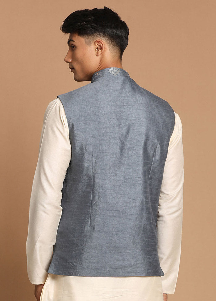 Grey Dupion Silk Printed Nehru Jacket VDVAS30062577 - Indian Silk House Agencies