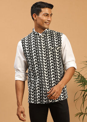 Black Cotton Printed Nehru Jacket VDVAS30062586 - Indian Silk House Agencies