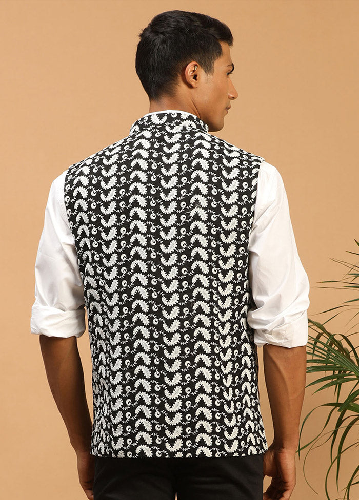 Black Cotton Printed Nehru Jacket VDVAS30062586 - Indian Silk House Agencies