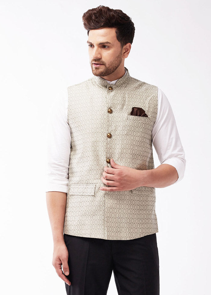 Beige Dupion Silk Printed Nehru Jacket VDVAS30062564 - Indian Silk House Agencies