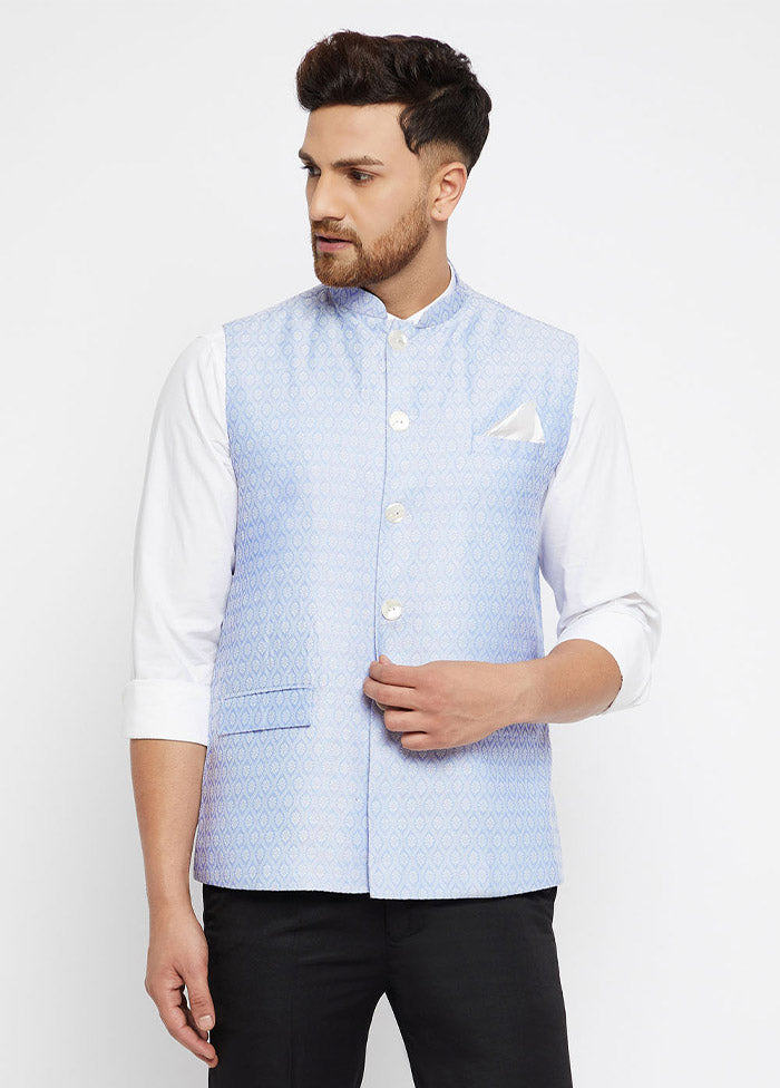 Light Blue Dupion Silk Printed Nehru Jacket VDVAS30062561 - Indian Silk House Agencies