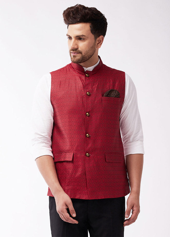 Maroon Dupion Silk Printed Nehru Jacket VDVAS30062562 - Indian Silk House Agencies