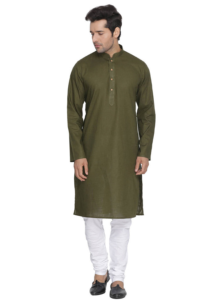 2 Pc Mehendi Cotton Kurta With White Churidar VDVAS30062063 - Indian Silk House Agencies