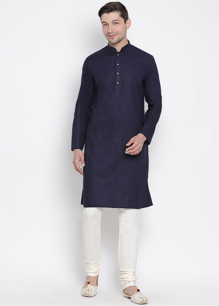 2 Pc Navy Blue Cotton Kurta With Beige Churidar VDVAS30062052 - Indian Silk House Agencies