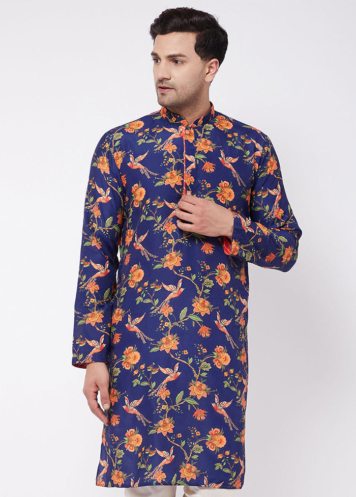 Navy Blue Dupion Silk Printed Kurta VDVAS30062333 - Indian Silk House Agencies