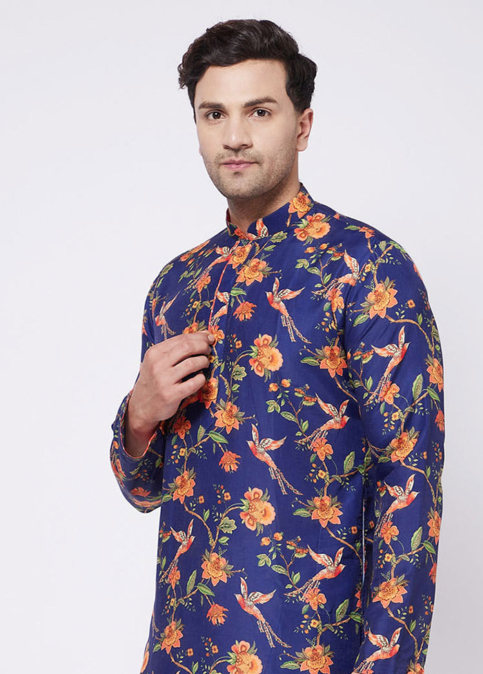 Navy Blue Dupion Silk Printed Kurta VDVAS30062333 - Indian Silk House Agencies