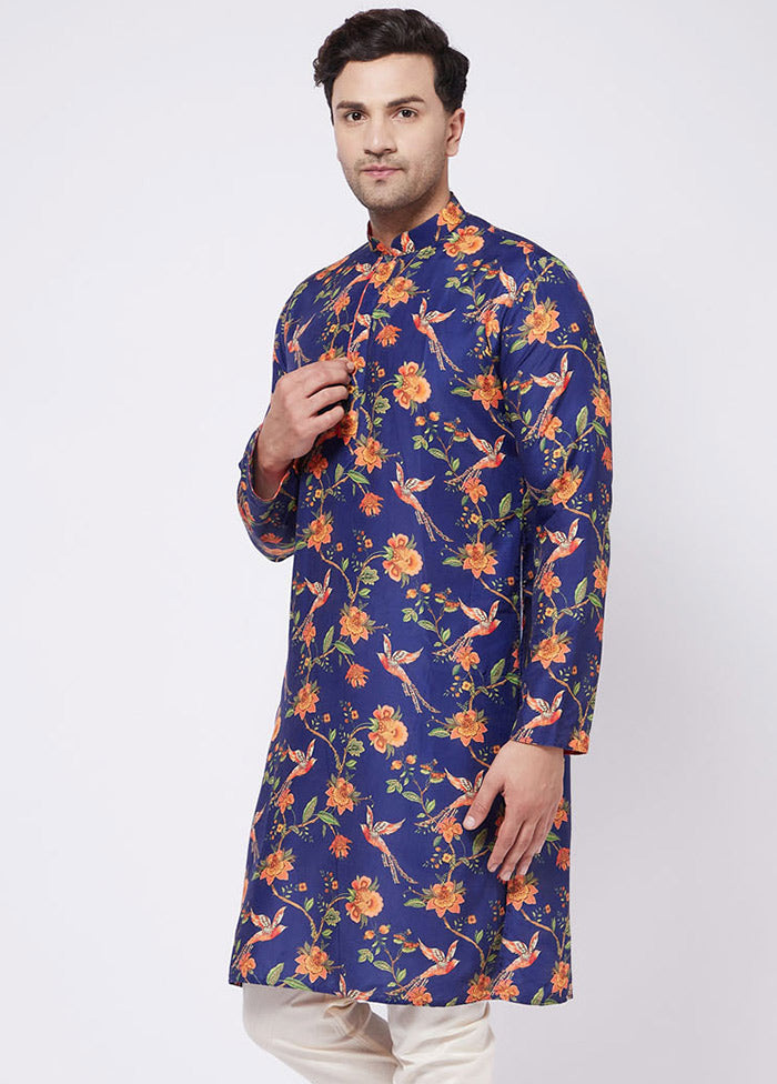 2 Pc Navy Blue Dupion Silk Kurta Pajama Set VDVAS30062085 - Indian Silk House Agencies