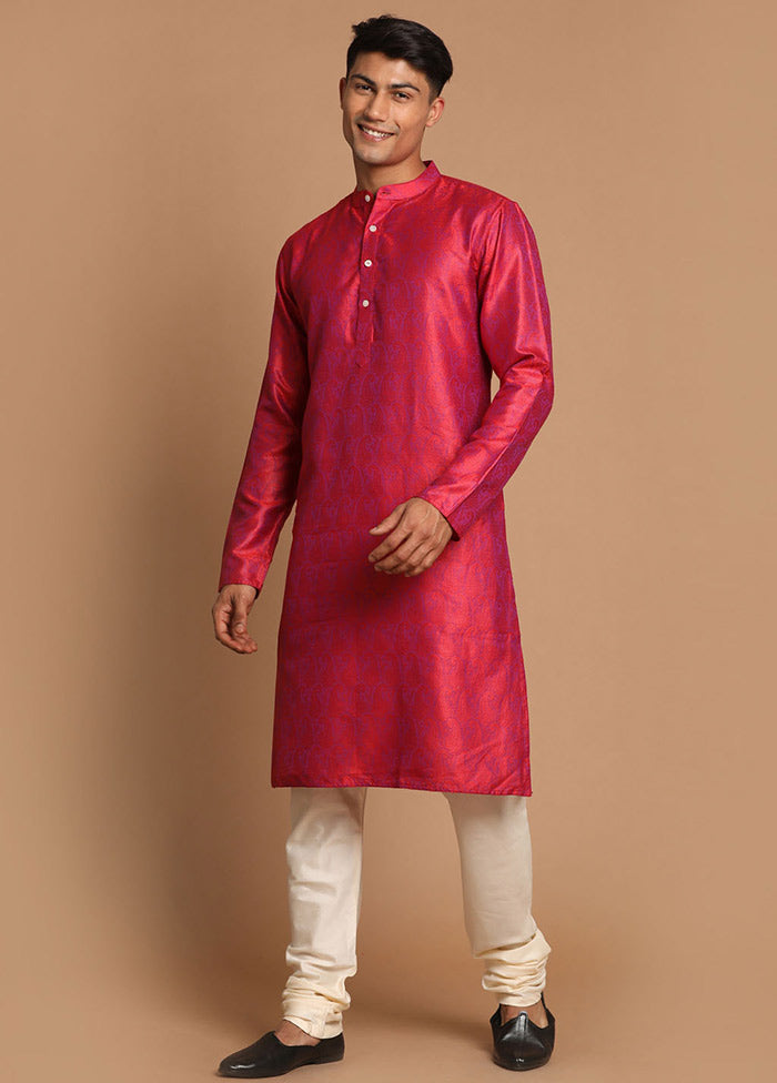 2 Pc Red Dupion Silk Kurta Pajama Set VDVAS30062146 - Indian Silk House Agencies