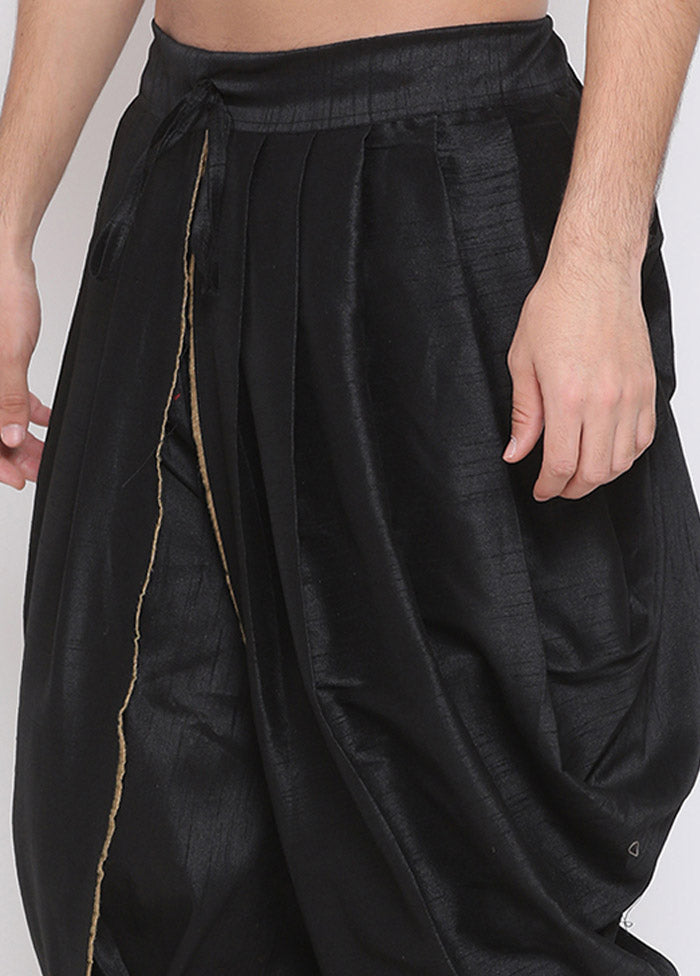 Black Dupion Silk Solid Dhoti - Indian Silk House Agencies