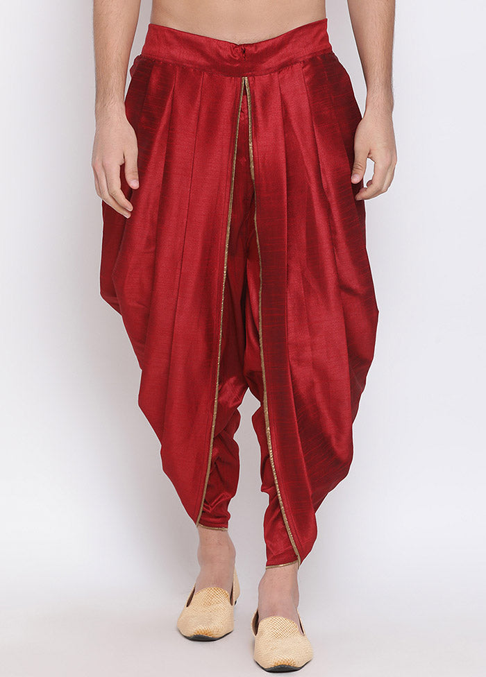 Maroon Dupion Silk Solid Dhoti - Indian Silk House Agencies