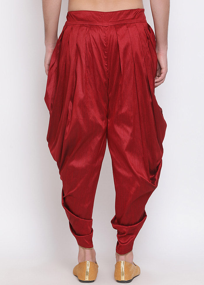 Maroon Dupion Silk Solid Dhoti - Indian Silk House Agencies