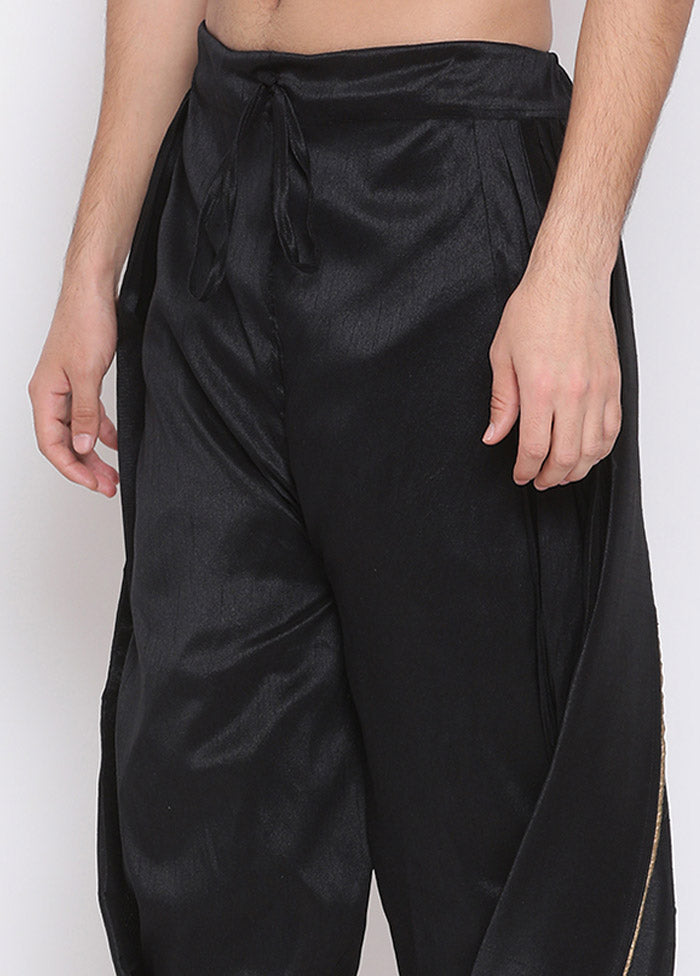 Black Dupion Silk Solid Dhoti - Indian Silk House Agencies