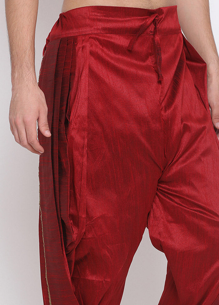 Maroon Dupion Silk Solid Dhoti - Indian Silk House Agencies