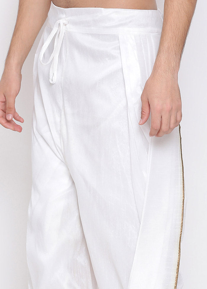 White Dupion Silk Solid Dhoti - Indian Silk House Agencies