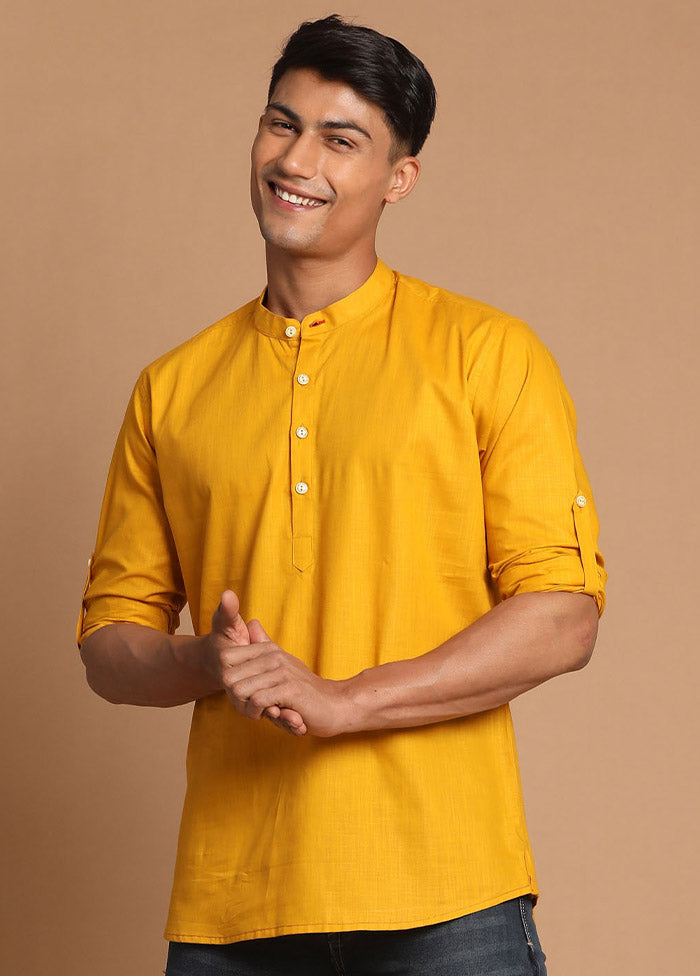 Mustard Cotton Solid Short Kurta VDVAS30062588 - Indian Silk House Agencies