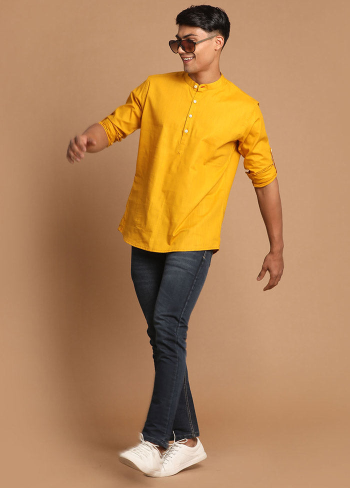 Mustard Cotton Solid Short Kurta VDVAS30062588 - Indian Silk House Agencies