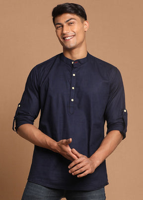 Navy Blue Cotton Solid Short Kurta VDVAS30062591 - Indian Silk House Agencies