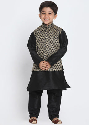 Black Silk Kurta Pajama Set With Jacket - Indian Silk House Agencies