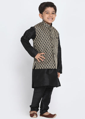 Black Silk Kurta Pajama Set With Jacket - Indian Silk House Agencies